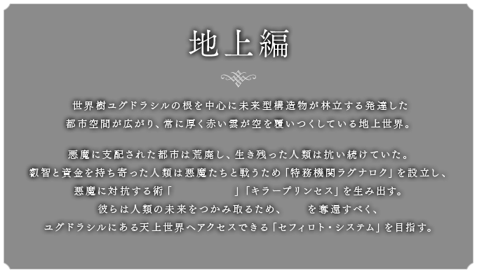 地上編 世界樹ユグドラシルの根を中心に未来型構造物が林立する発達した 都市空間が広がり、常に厚く赤い雲が空を覆いつくしている地上世界。 悪魔に支配された都市は荒廃し、生き残った人類は抗い続けていた。 叡智と資金を持ち寄った人類は悪魔たちと戦うため「特務機関ラグナロク」を設立し、 悪魔に対抗する術「キラーメイル」「キラープリンセス」を生み出す。 彼らは人類の未来をつかみ取るため、神器を奪還すべく、 ユグドラシルにある天上世界へアクセスできる「セフィロト・システム」を目指す。