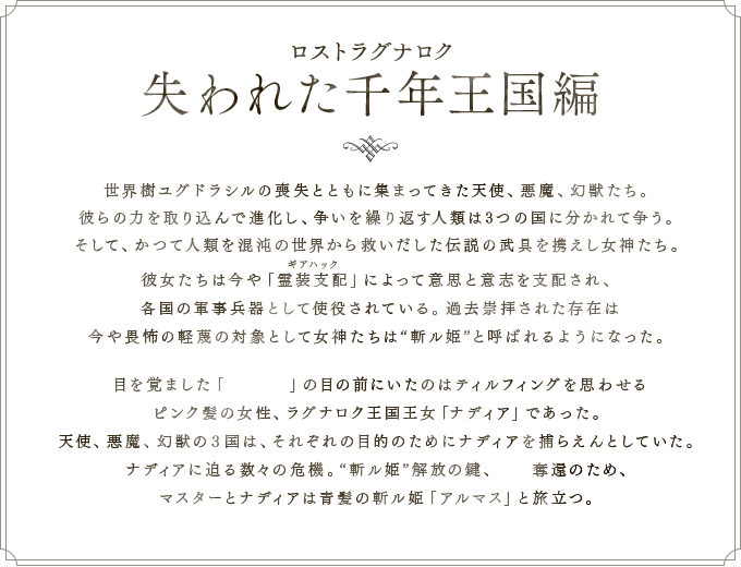 ロストラグナロク 失われた千年王国編 世界樹ユグドラシルの喪失とともに集まってきた天使、悪魔、幻獣たち。 彼らの力を取り込んで進化し、争いを繰り返す人類は3つの国に分かれて争う。 そして、かつて人類を混沌の世界から救いだした伝説の武具を携えし女神たち。 彼女たちは今や「霊装支配」によって意思と意志を支配され、 各国の軍事兵器として使役されている。過去は崇拝された存在は 今や畏怖の軽蔑の対象として女神たちは“斬ル姫”と呼ばれるようになった。  目を覚ました「マスター」の目の前にいたのはティルフィングを思わせる ピンク髪の女性ラグナロク王国王女「ナディア」であった。 天使、悪魔、幻獣は、それぞれの目的のためにナディアを捕らえんとしていた。 ナディアに迫る数々の危機。“斬ル姫”解放の鍵、神器奪還のため、 マスターとナディアは青髪の斬ル姫「アルマス」と旅立つ。